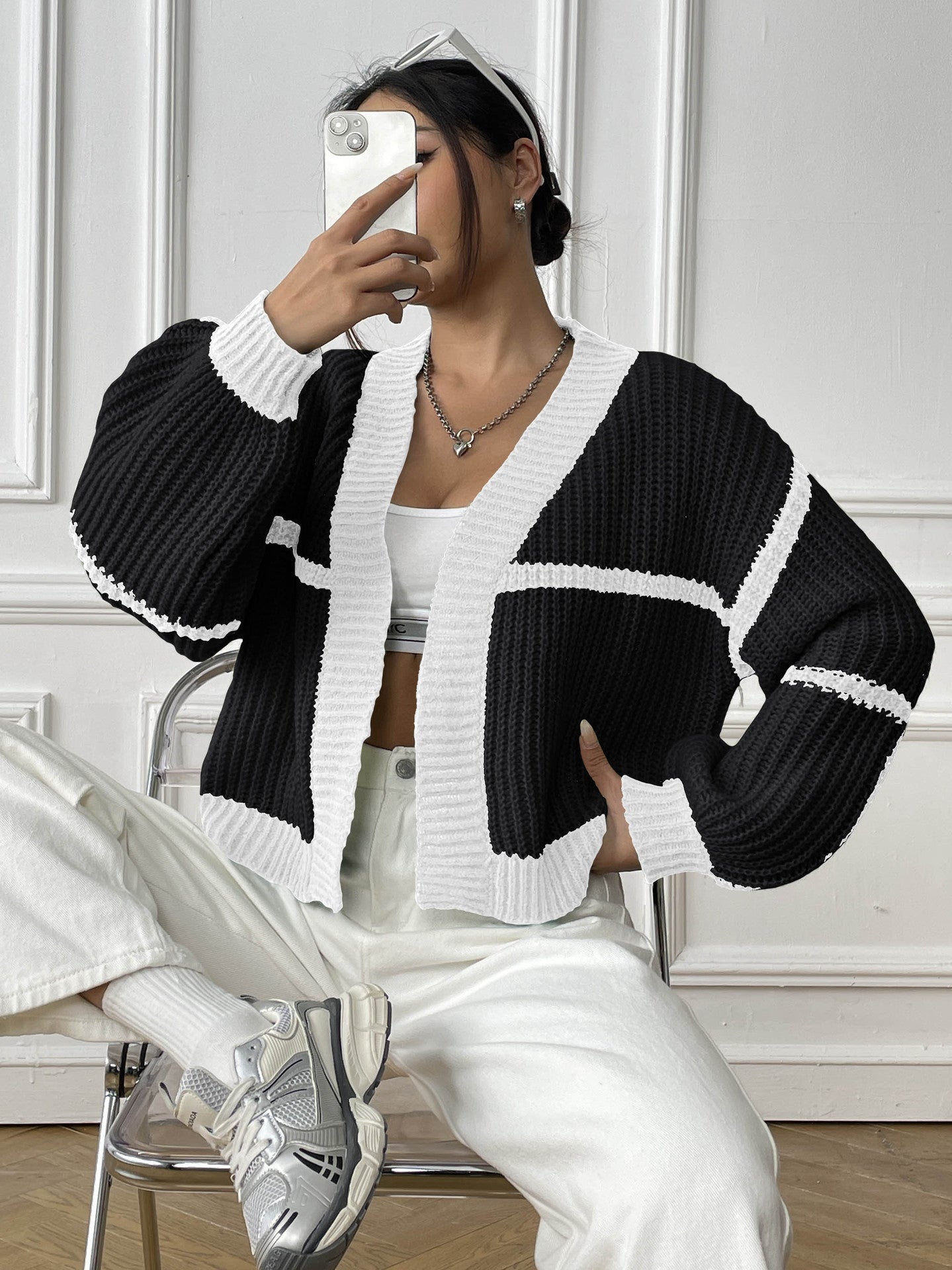 Color Block Cardigan Sweater with Loose Fit for Fall