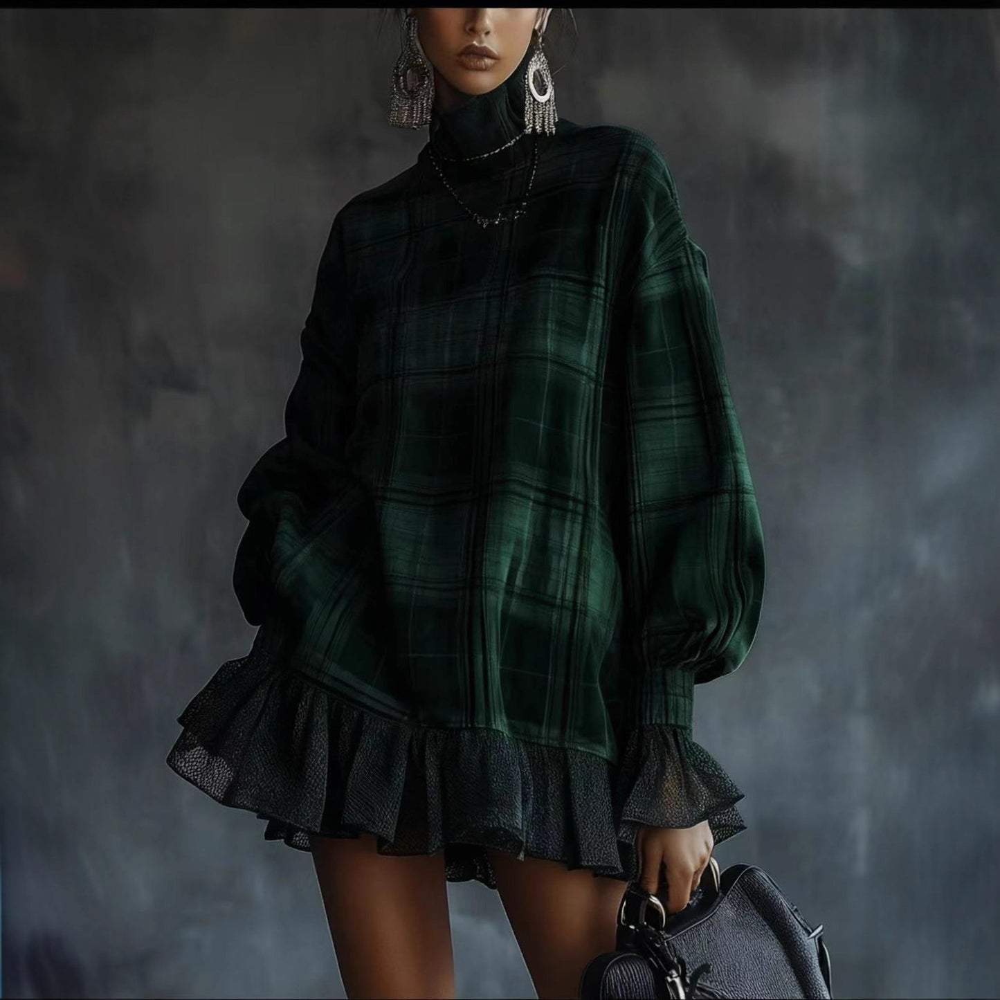 Plaid Ruffle Hem Mini Dress Long Sleeve Mock Neck