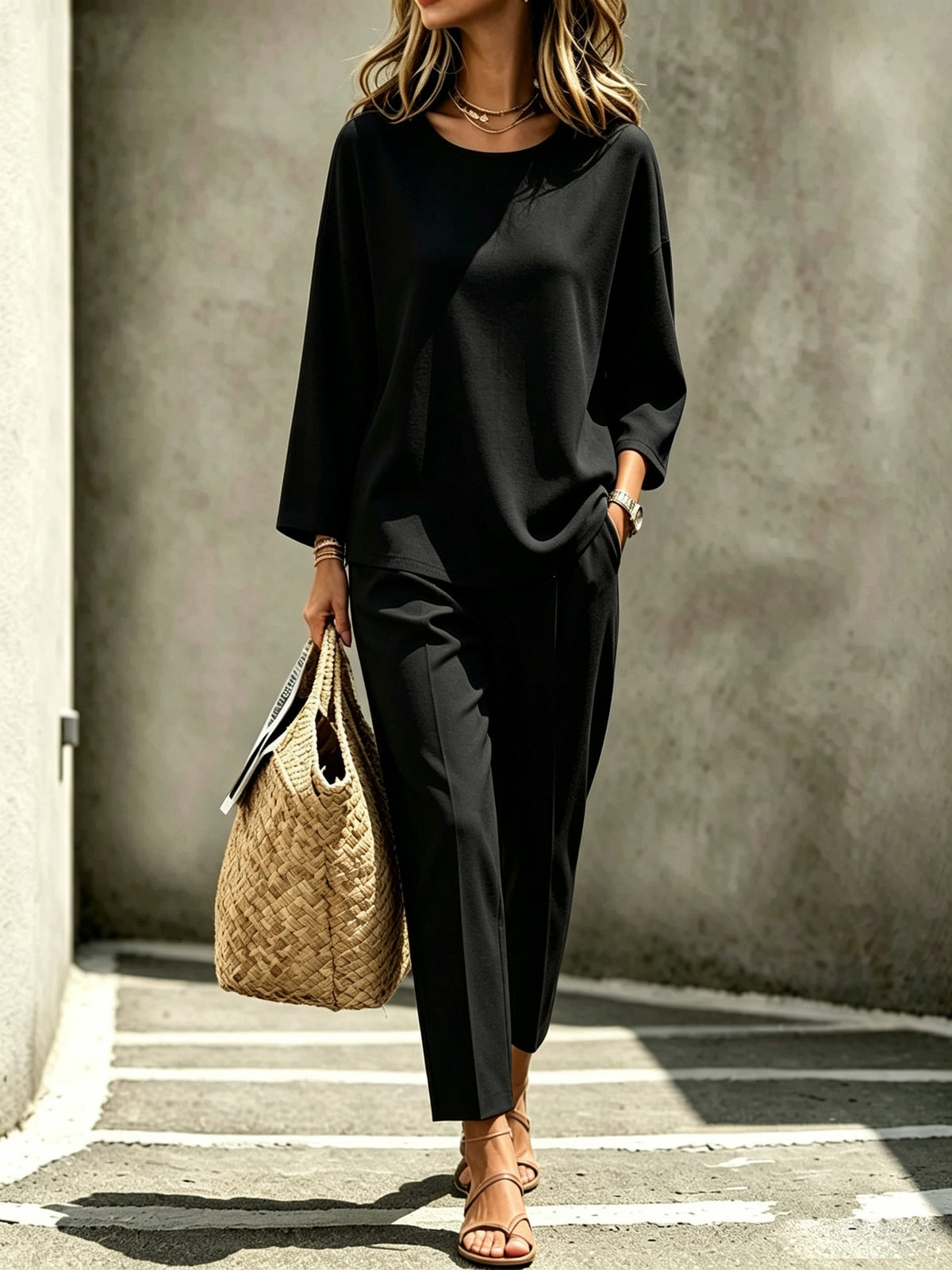 Women's Solid Matching Two Piece Pants Set Elegant