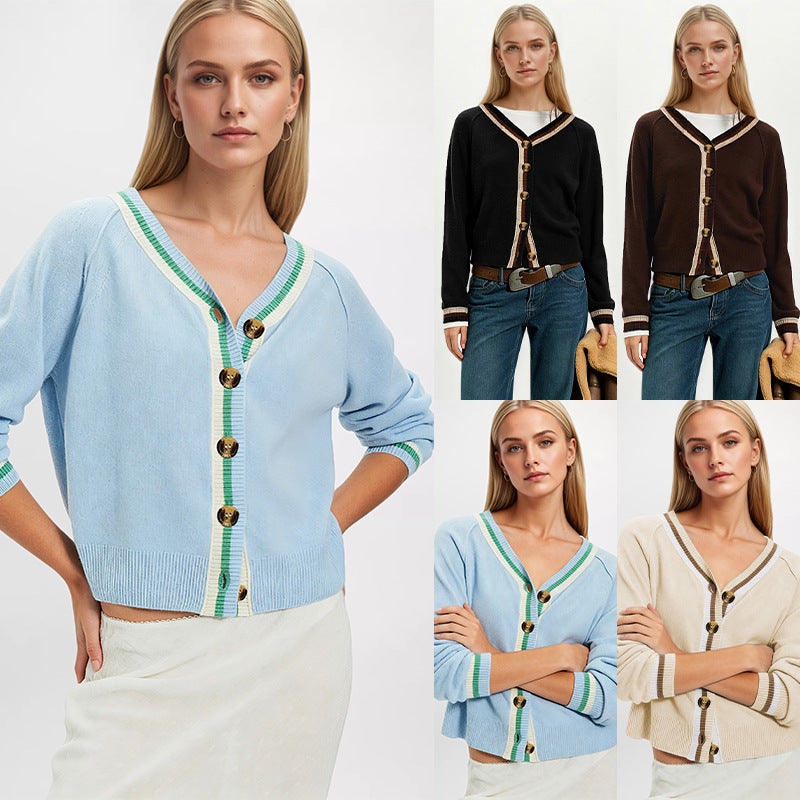 Women's Color Block V-Neck Button Front Cardigan