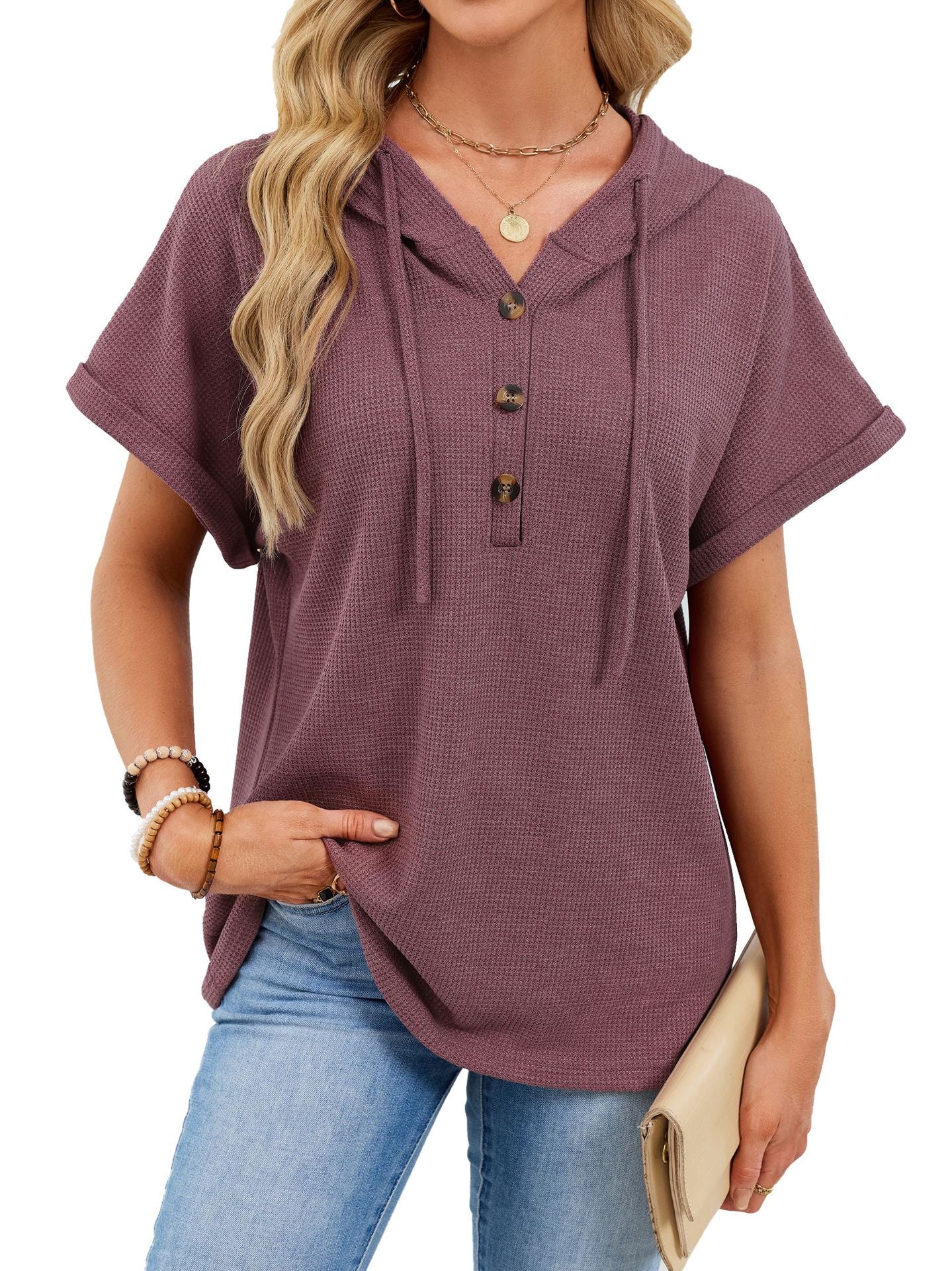 Waffle Knit Hooded Short Sleeve Button Drawstring Top
