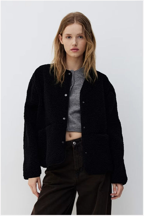 Women's Teddy Fleece Button Front Jacket Pockets
