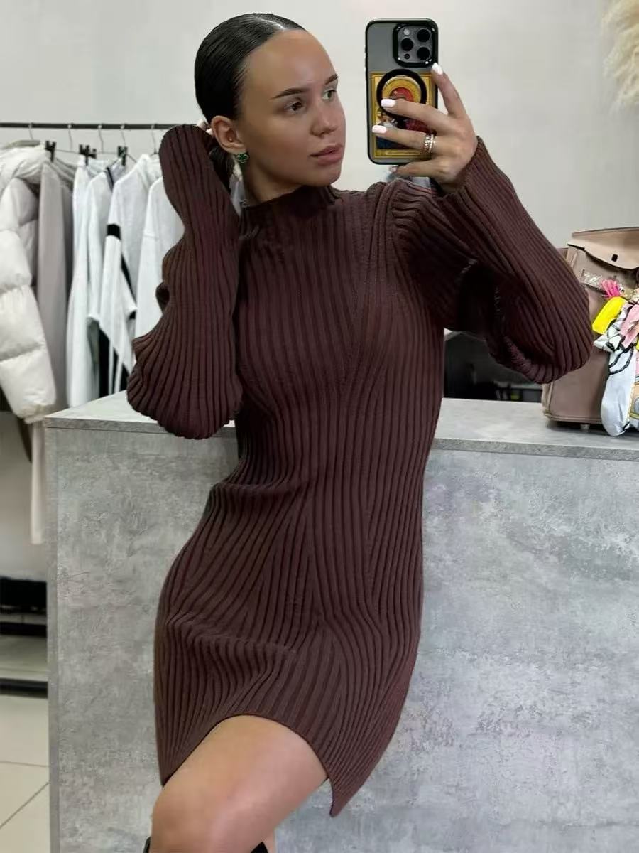Women's Long Sleeve Ribbed Mock Neck Bodycon Mini Dress