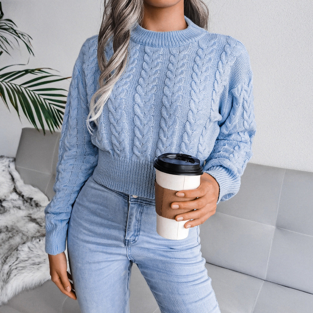 Women's Cropped Cable Knit Sweater Fitted Long Sleeve