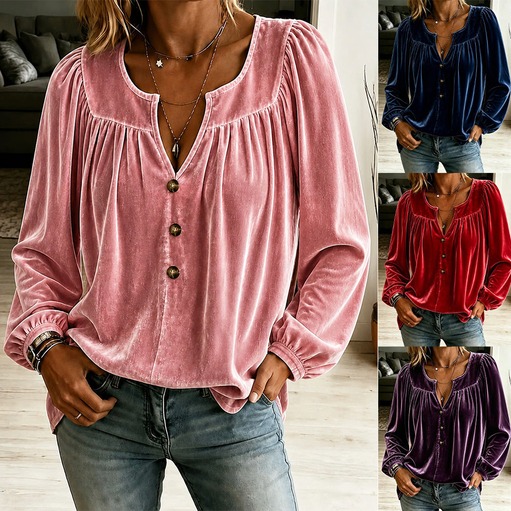 Women's Velvet V-Neck Balloon Sleeve Button Blouse