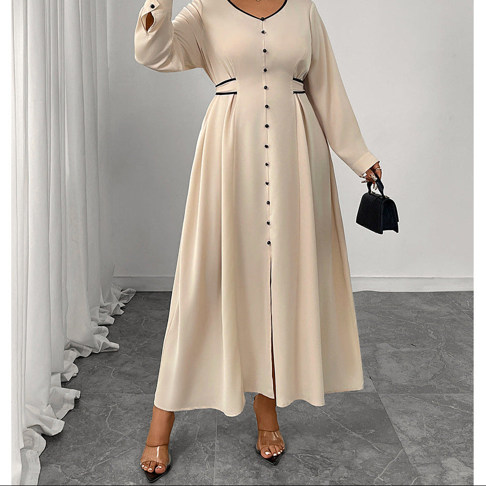 Plus Size Satin Long Sleeve V Neck Button Front Maxi Dress