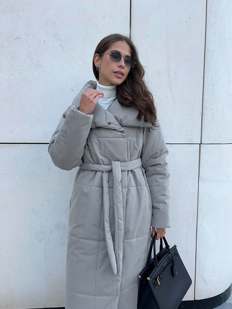 Women's Long Belted Quilted Coat Stand Collar Winter