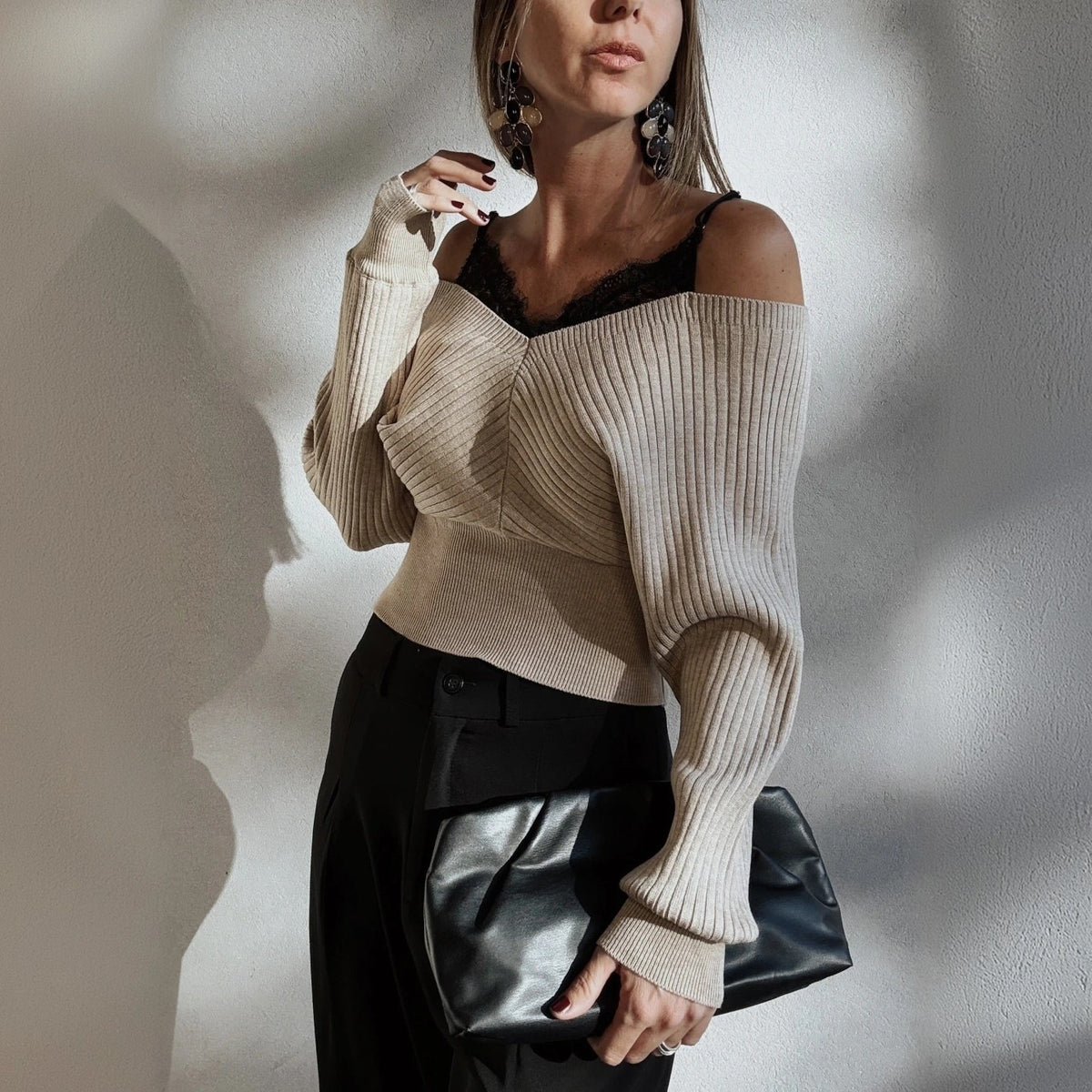 Women's Ribbed Bardot Crop Top Long Sleeve Fitted