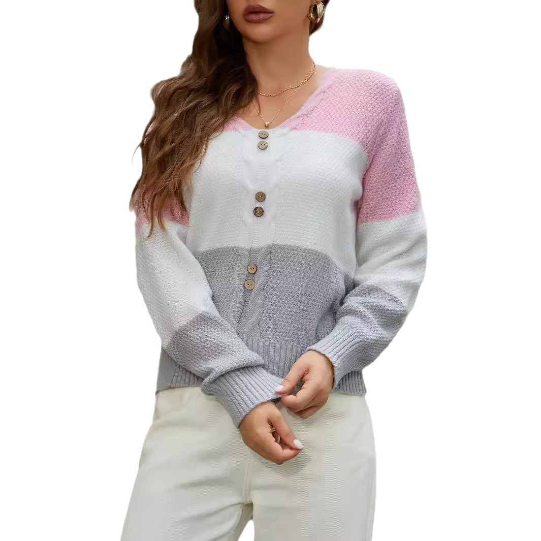 Women's Oversized Colorblock V-Neck Button Pullover Sweater