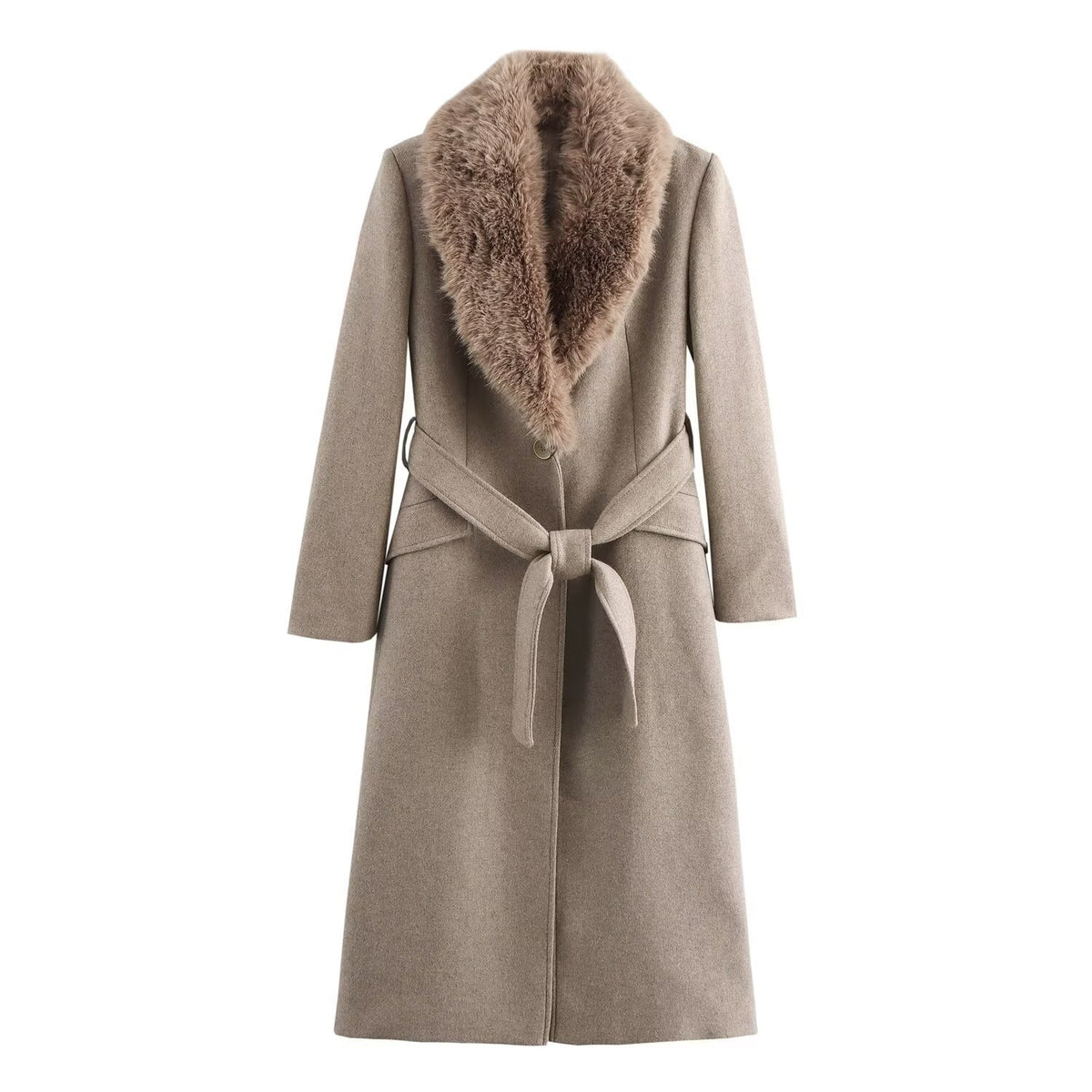 Women's Faux Fur Collar Belted Wool Trench Coat