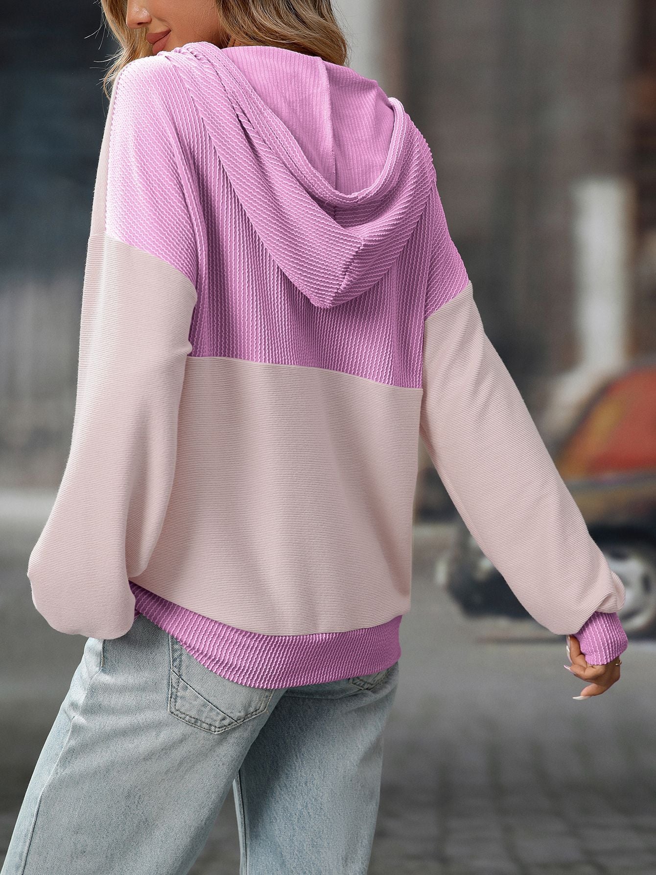 2025 Fall/Winter Colorblock Knit Trim Hoodie – Casual Pullover Sweatshirt
