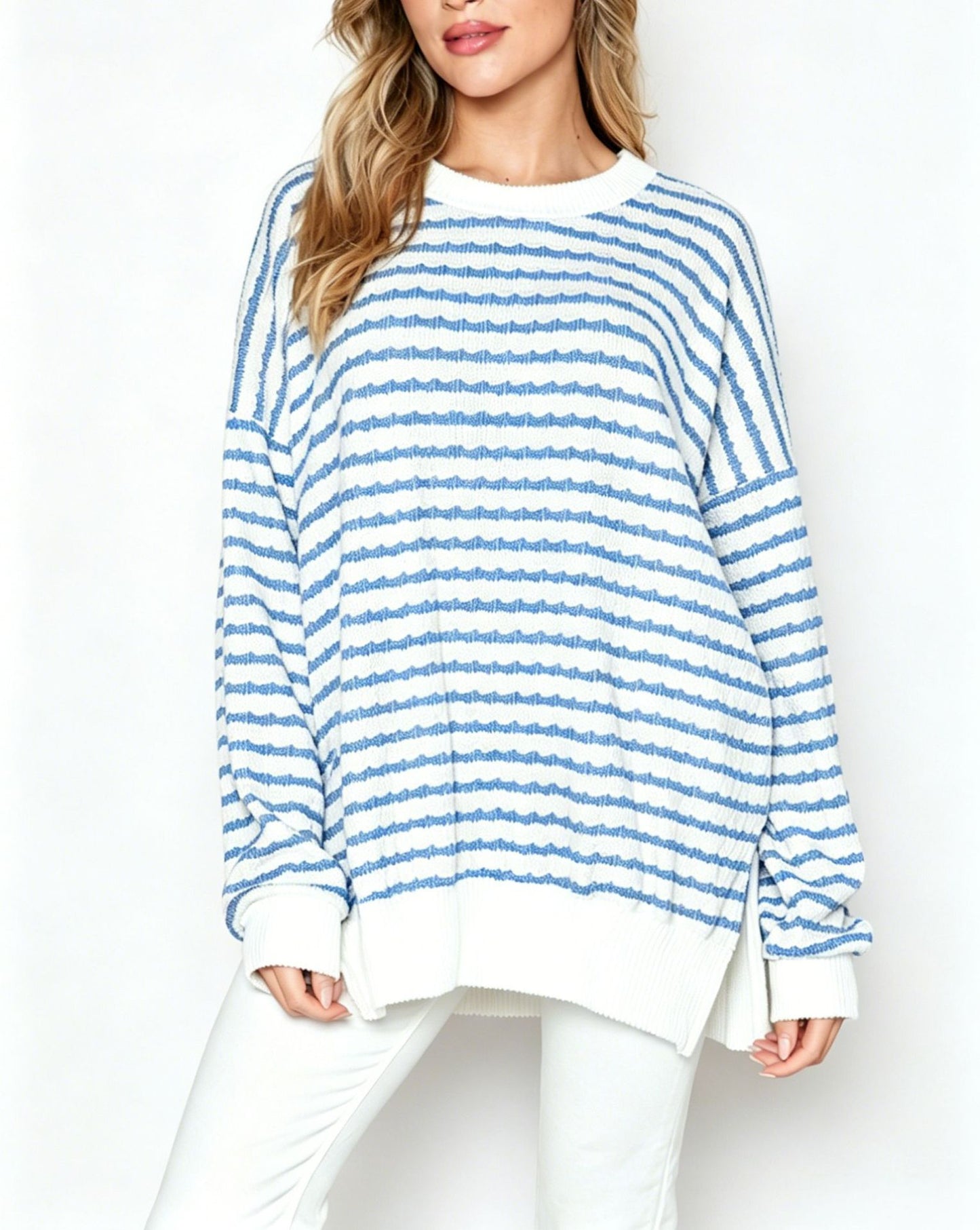 Oversized Stripe Knit Sweater Crew Neck Side Slit Pullover