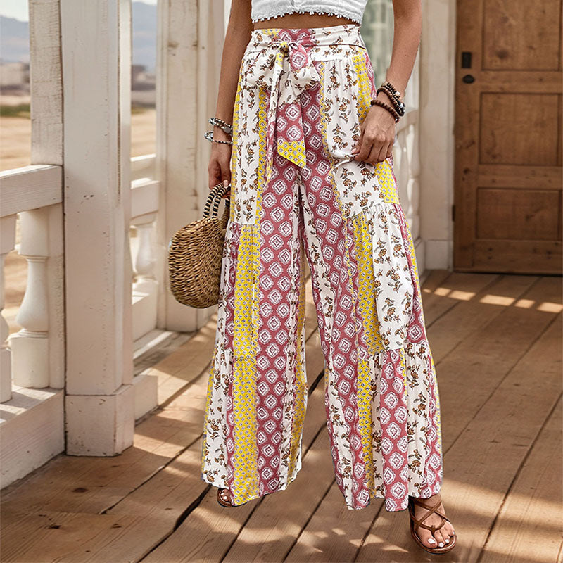 Boho Print Wide Leg Pants High Waist Tie Waist Palazzo Pants