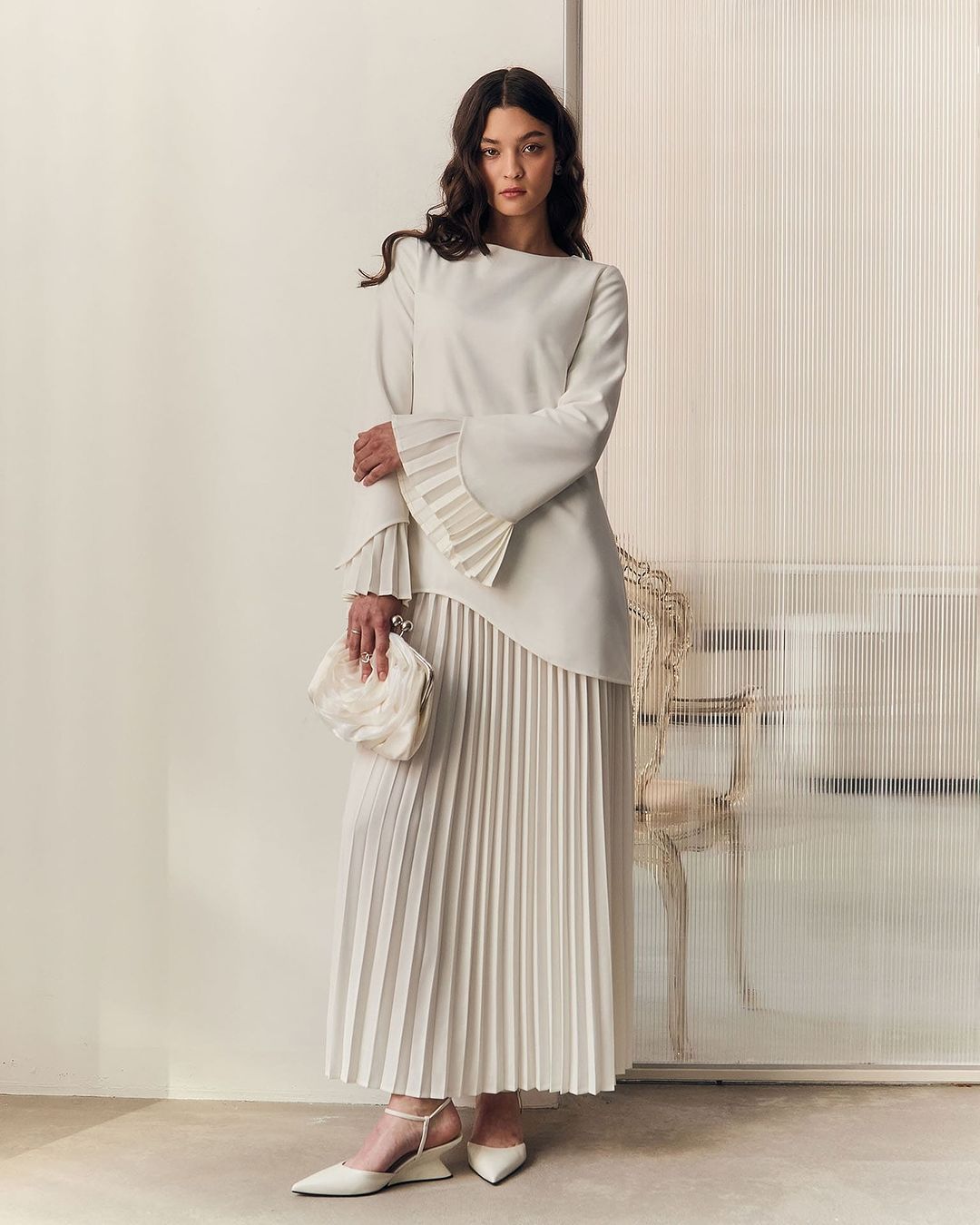 Women's Pleated Maxi Skirt Set Bell Sleeve