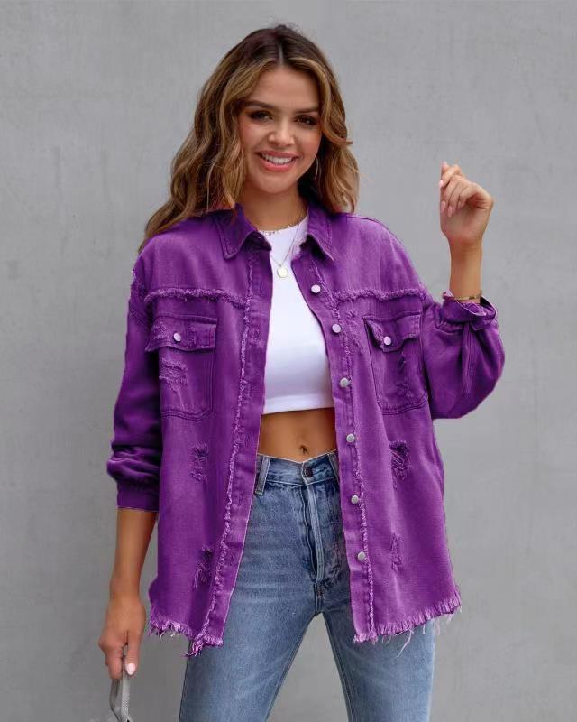 Hot Pink Distressed Denim Jacket Oversized Button Down