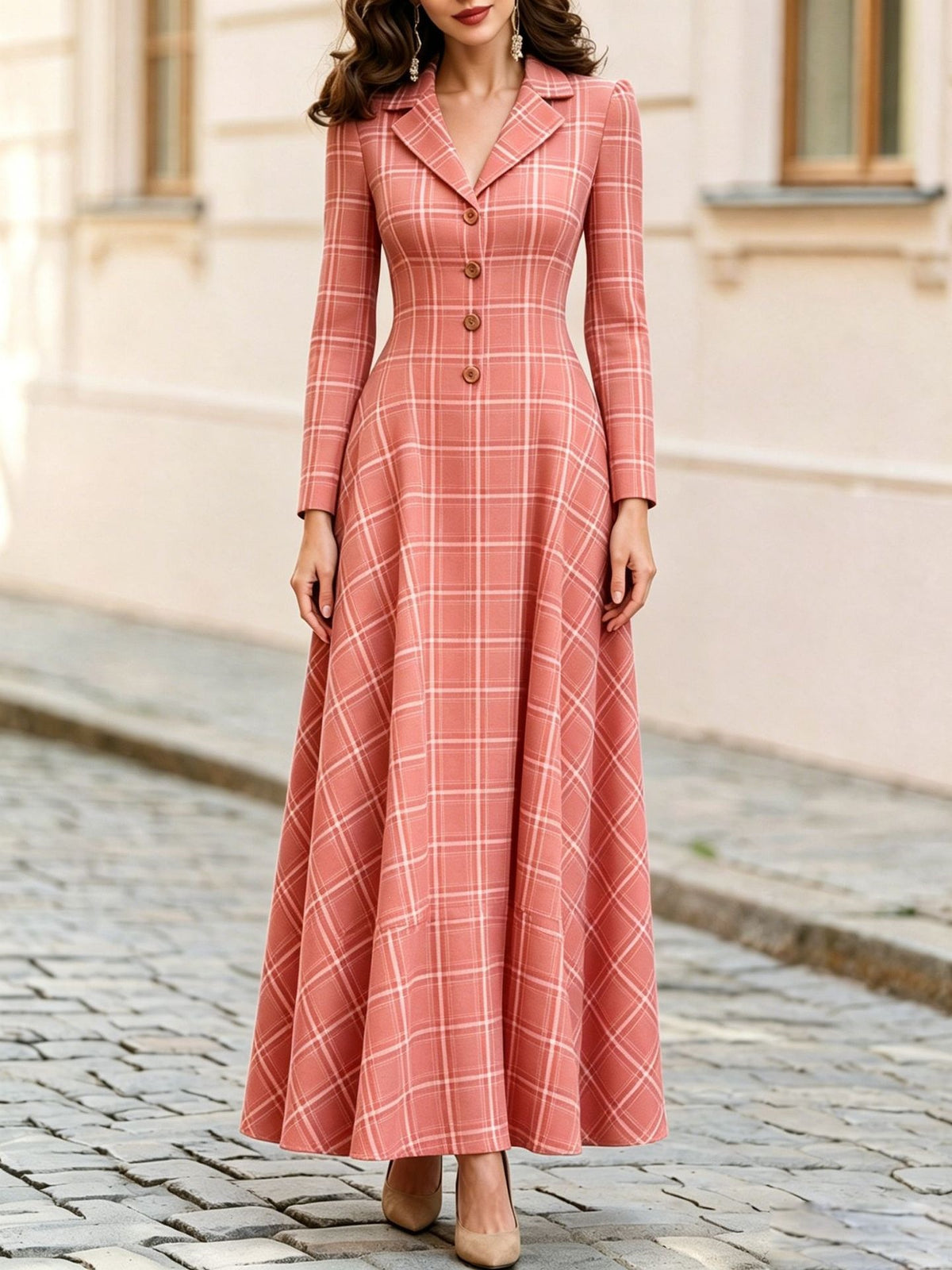 Elegant Plaid Blazer Dress Maxi Long Sleeve Button Front