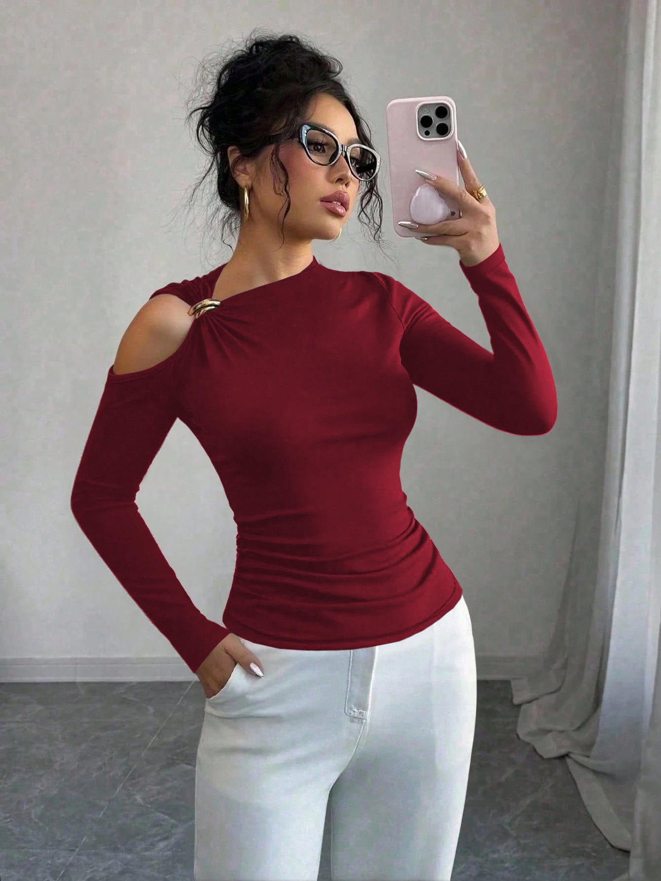 Asymmetrical One Shoulder Ring Long Sleeve Top