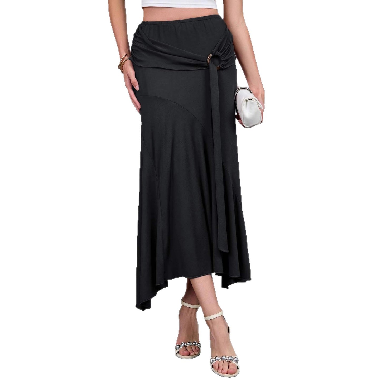 Asymmetrical High Waist Maxi Skirt with Ring Detail