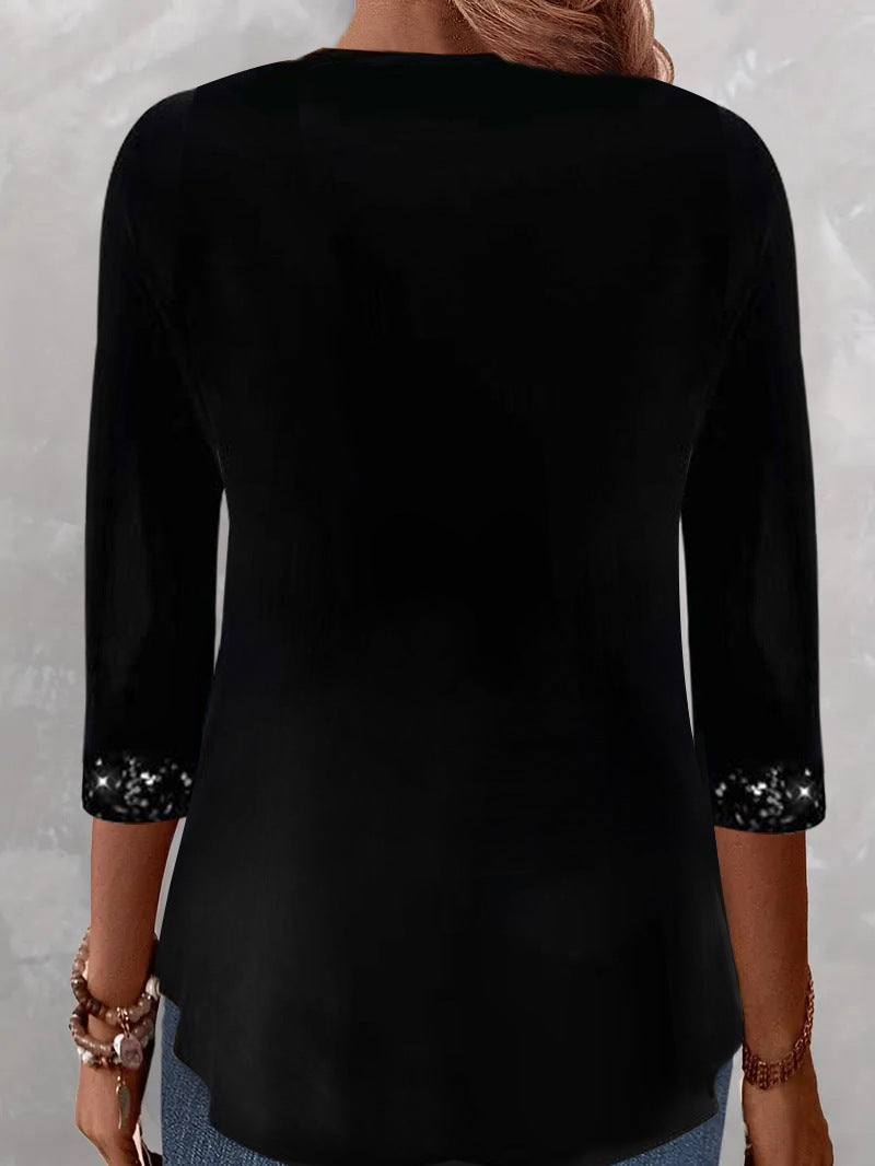 Women's Sequin Panel Button Layered Long Sleeve Top