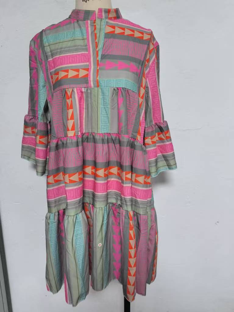 Women's Boho Geometric Bell Sleeve Tiered Midi Dress
