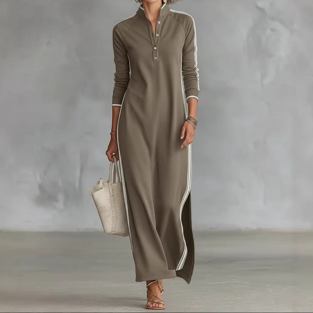 Women's Button Front Sweatshirt Maxi Dress Long Sleeve Slit