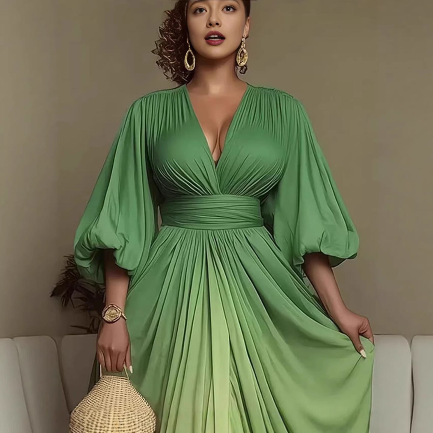 Green Ombre Maxi Dress V-Neck Pleated Puff Sleeve Flowy