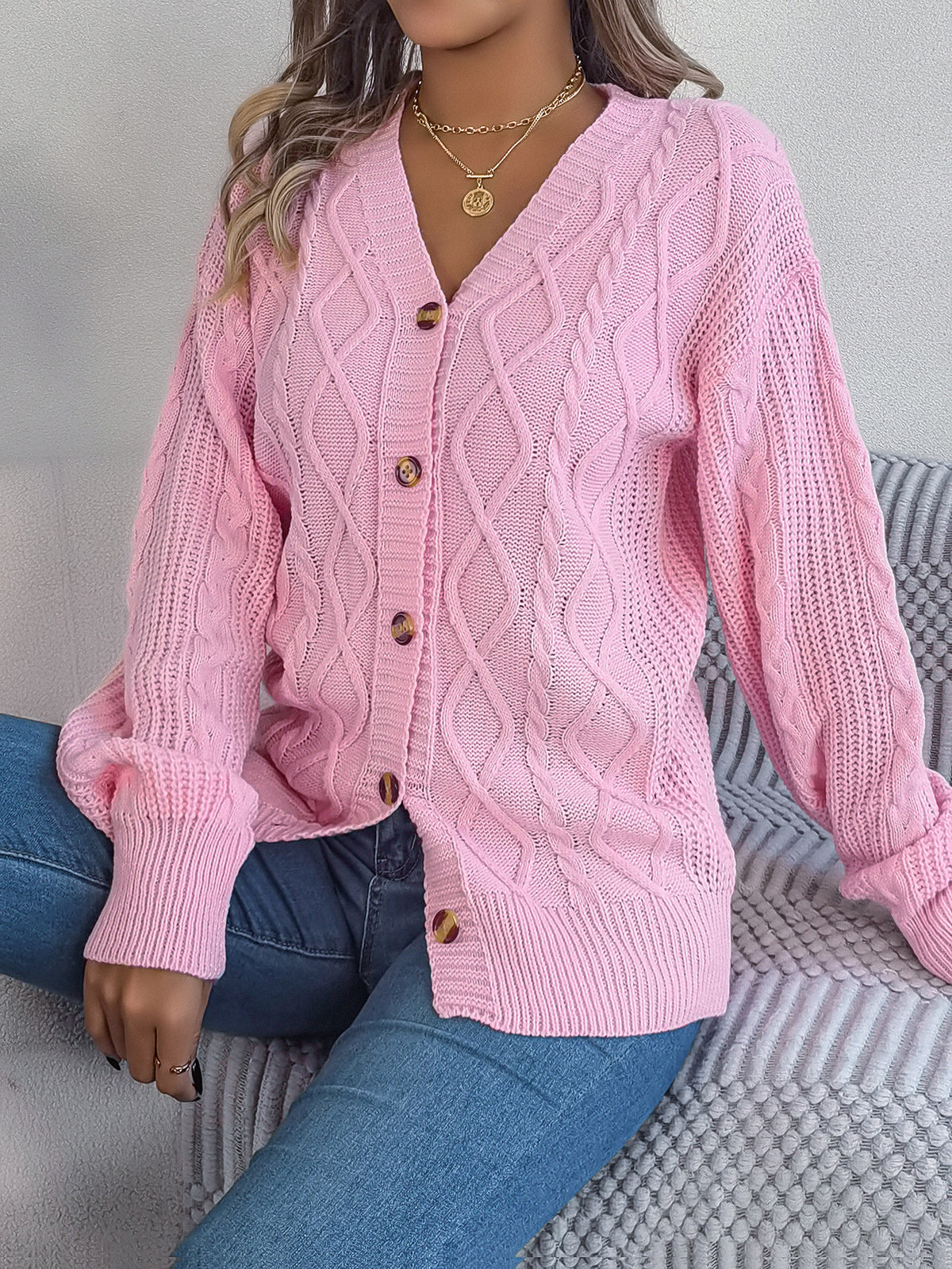 Women's Cable Knit V-Neck Balloon Sleeve Cardigan