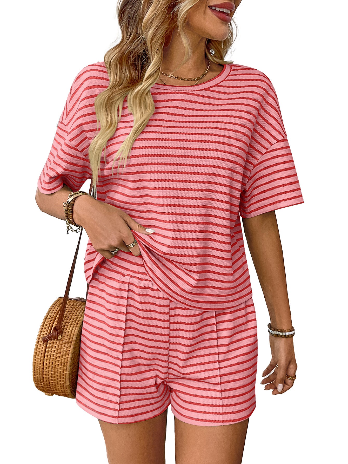 Womens Striped Knit Lounge Set Short Sleeve Top Shorts