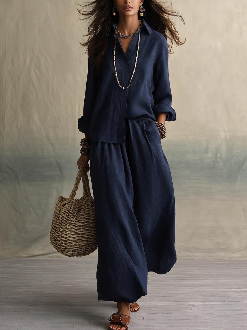 Women's Linen Blend Shirt & Wide Leg Pants Matching Set