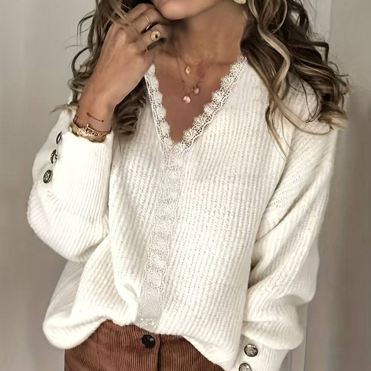 Womens V-Neck Lace Sweater Long Sleeve Knit Pullover