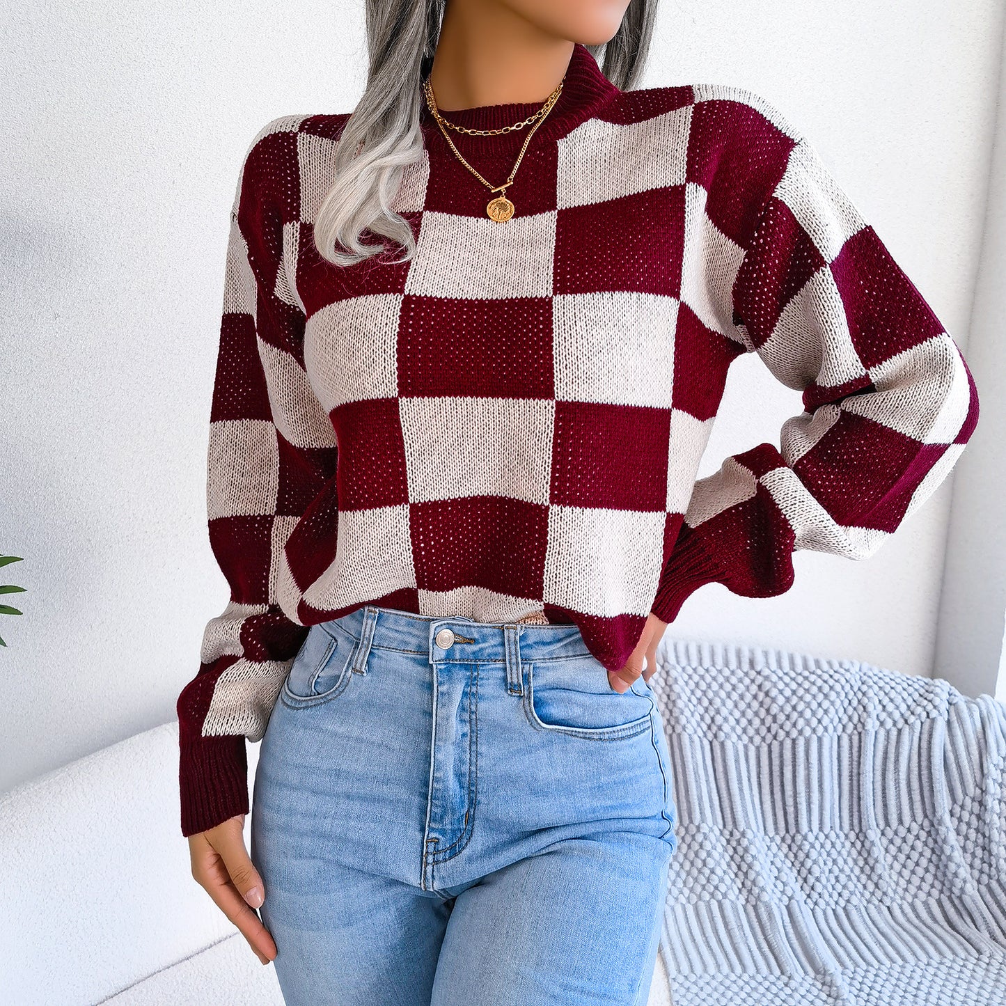 2025 Fall/Winter Colorblock Checkered Knit Sweater - Street Style