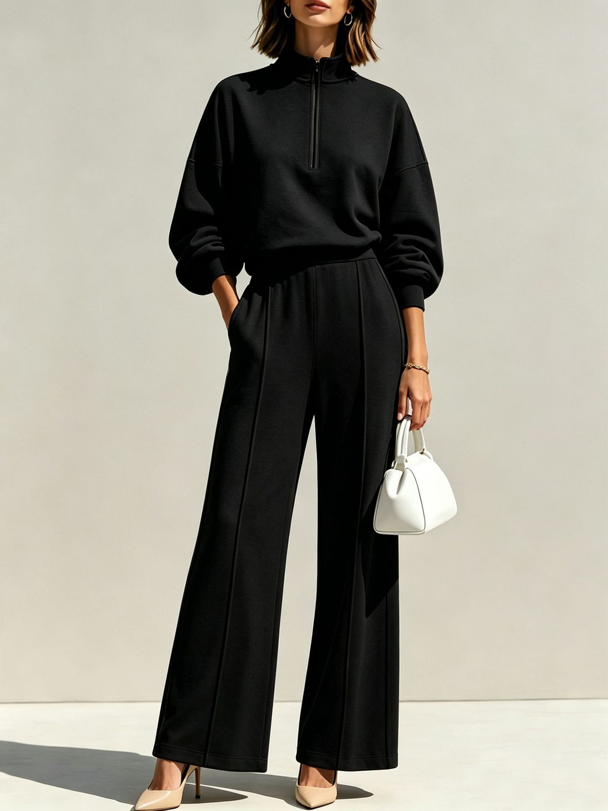 Women's Half Zip Sweatshirt Wide Leg Pants Matching Set