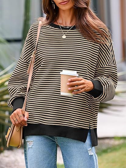 Oversized Waffle Knit Striped Crewneck Side Slit Pullover