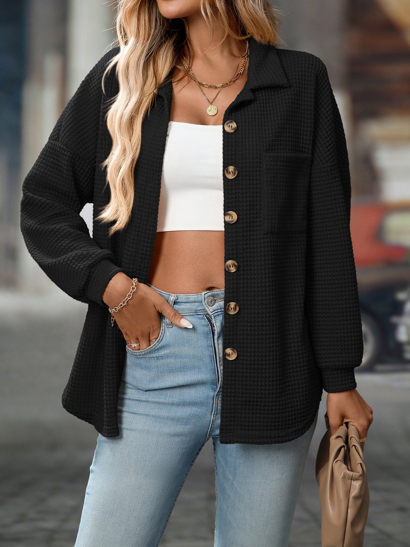 2025 Fall/Winter Casual Waffle Knit Shirt – Loose Fit Commuter Top