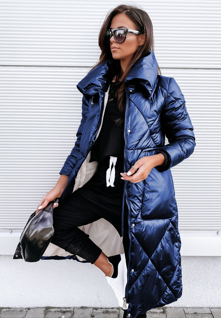 Women's Shiny Long Puffer Coat Quilted Zip Up Jacket