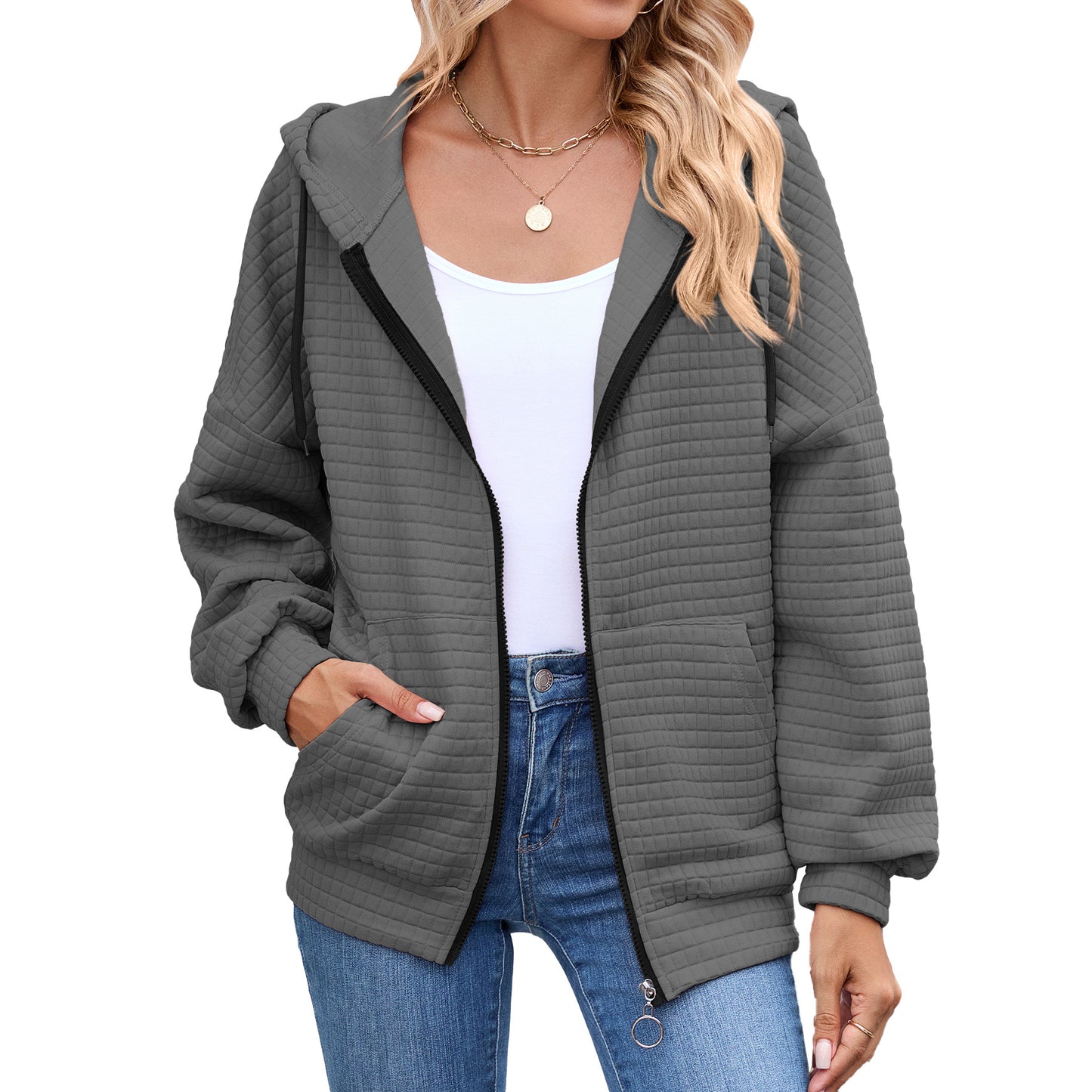 Quilted Zip Up Hooded Jacket Hoodie with Pockets