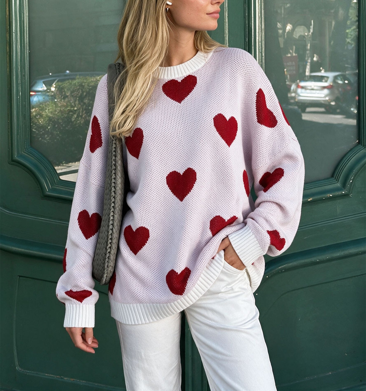 Women's Oversized Heart Print Crew Neck Sweater