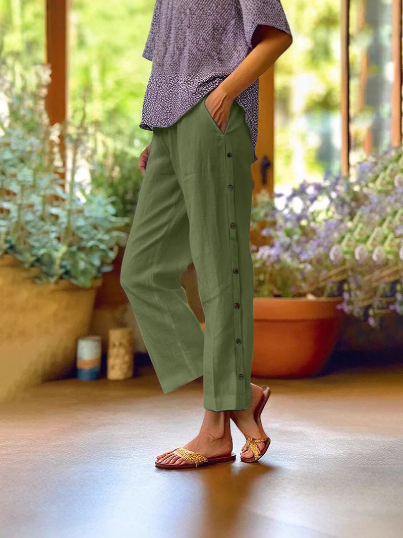 Women's Linen Blend Wide Leg Crop Pants Side Button