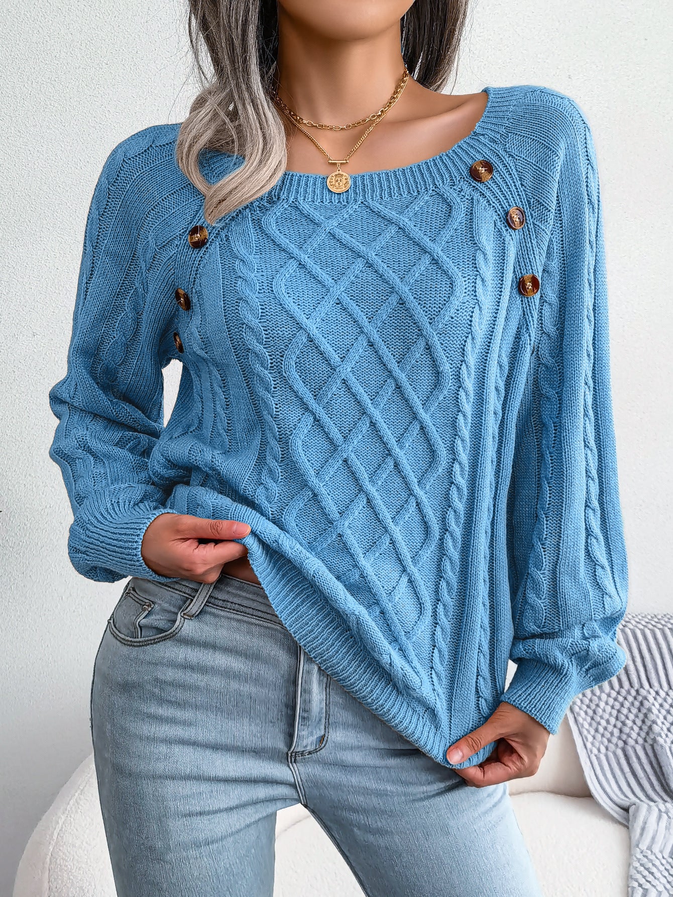 2025 Fall Winter Casual Square Neck Button Detail Cable Knit Sweater