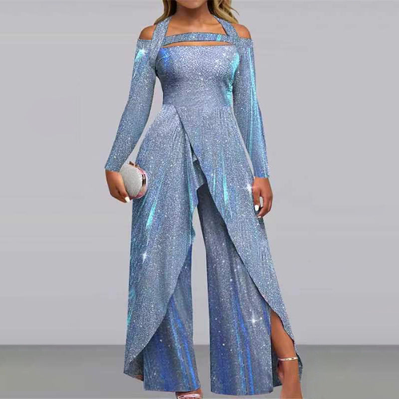 Sequin Off Shoulder Wide Leg Jumpsuit Blue