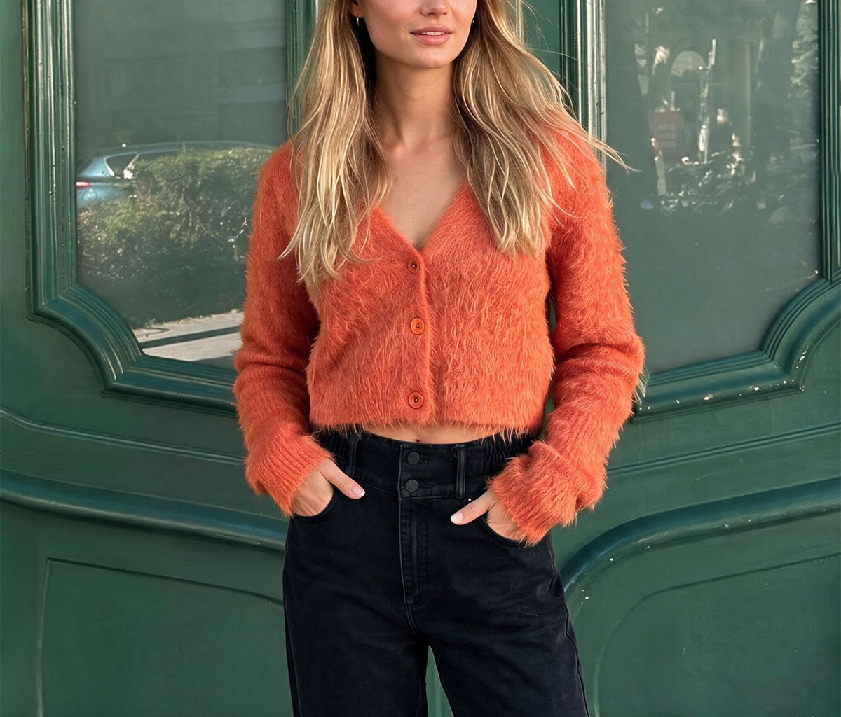 Fuzzy V-Neck Button Front Cropped Cardigan Sweater