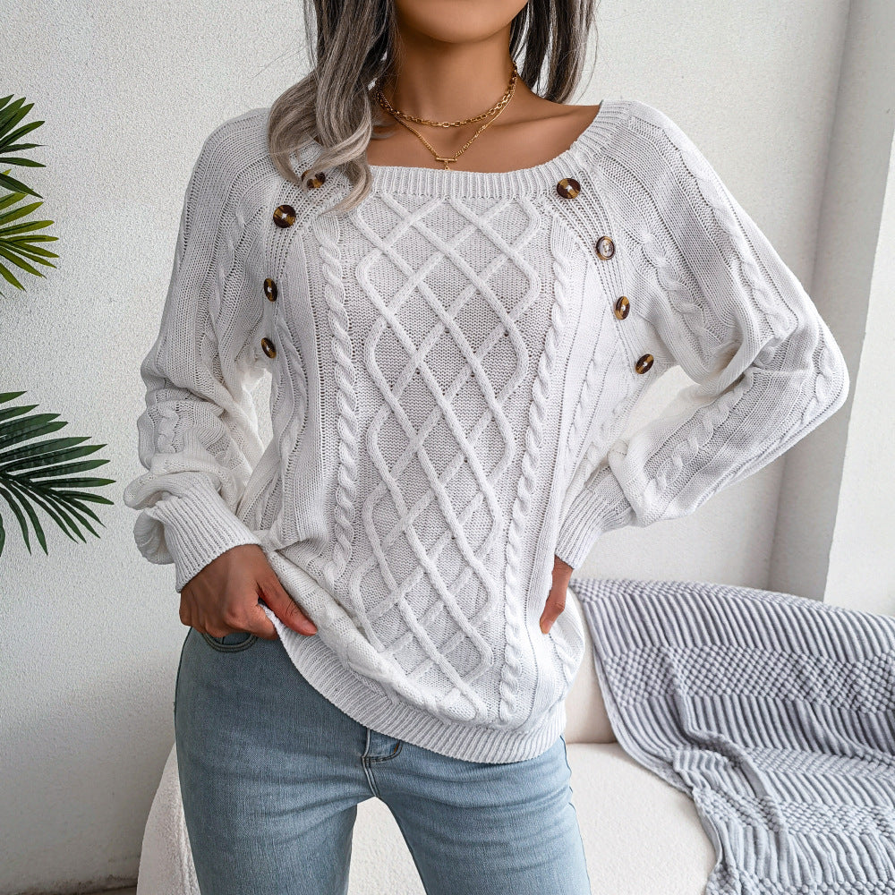 2025 Fall Winter Casual Square Neck Button Detail Cable Knit Sweater