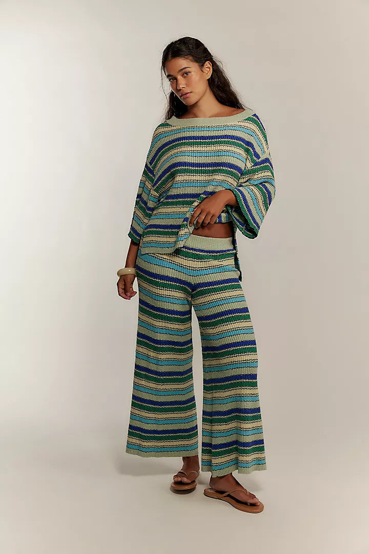 Boho Striped Knit Two Piece Set Wide Leg Pants