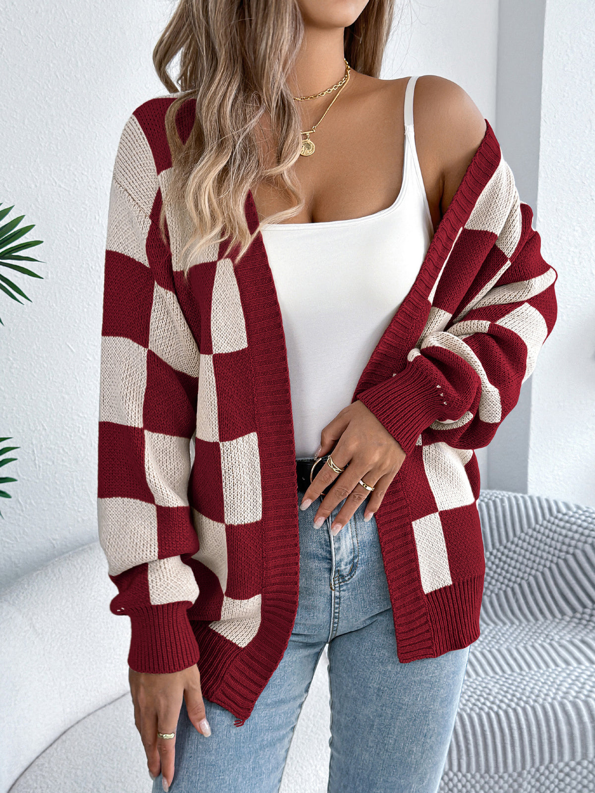 Women's Checkered Balloon Sleeve Open Front Cardigan