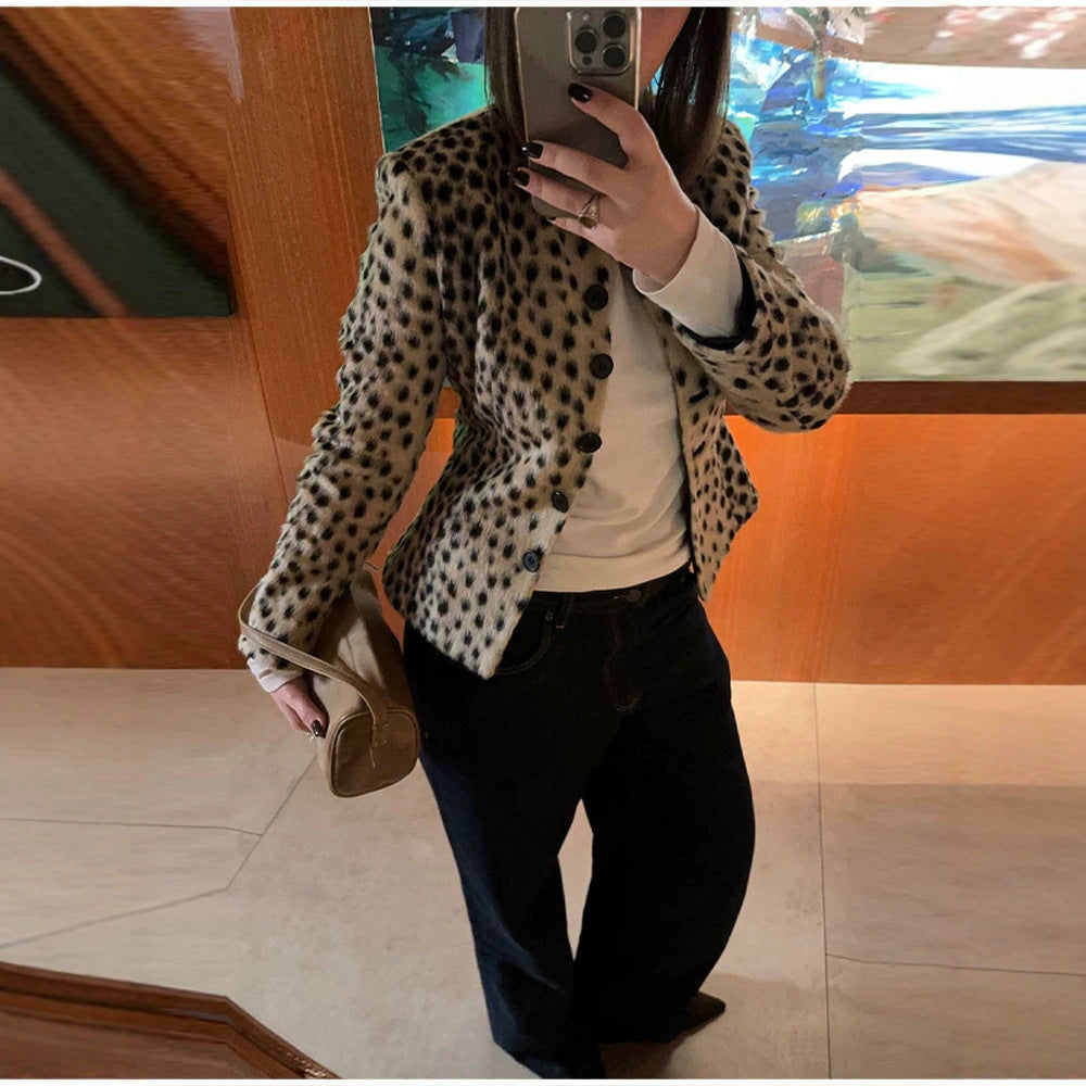 Women's Vintage Leopard Faux Fur Cropped Button Jacket