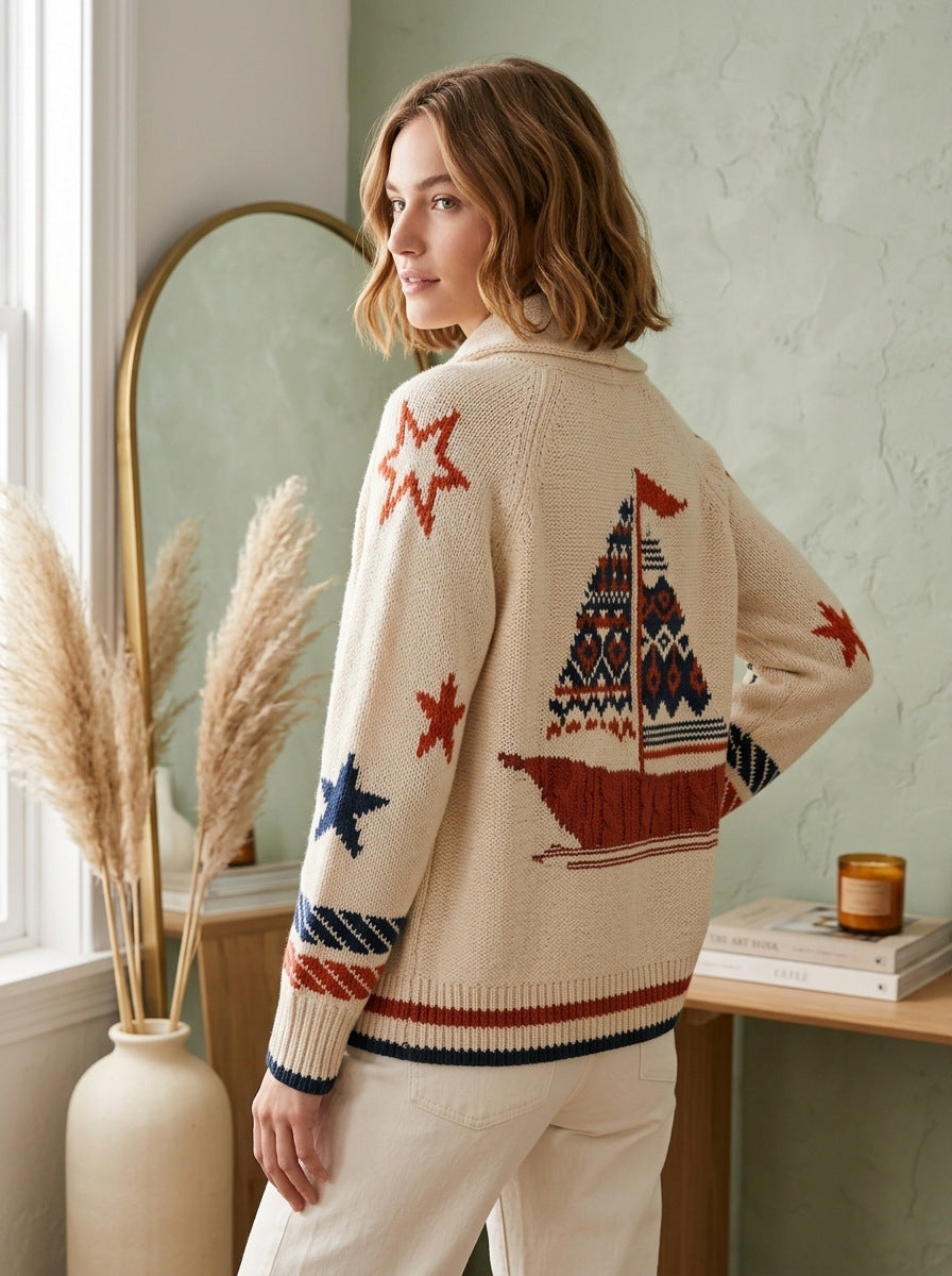 Nautical Sailboat Oversized Knit Cardigan Sweater