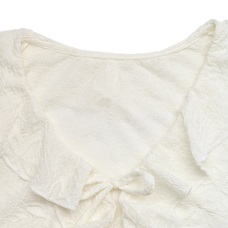 Ruffle Tie Front Textured Top V Neck Long Sleeve