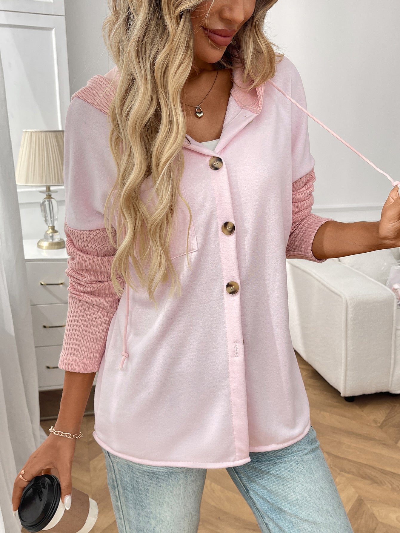 2025 Fall/Winter Colorblock Knit Sleeve Hoodie – Casual Button Down Top