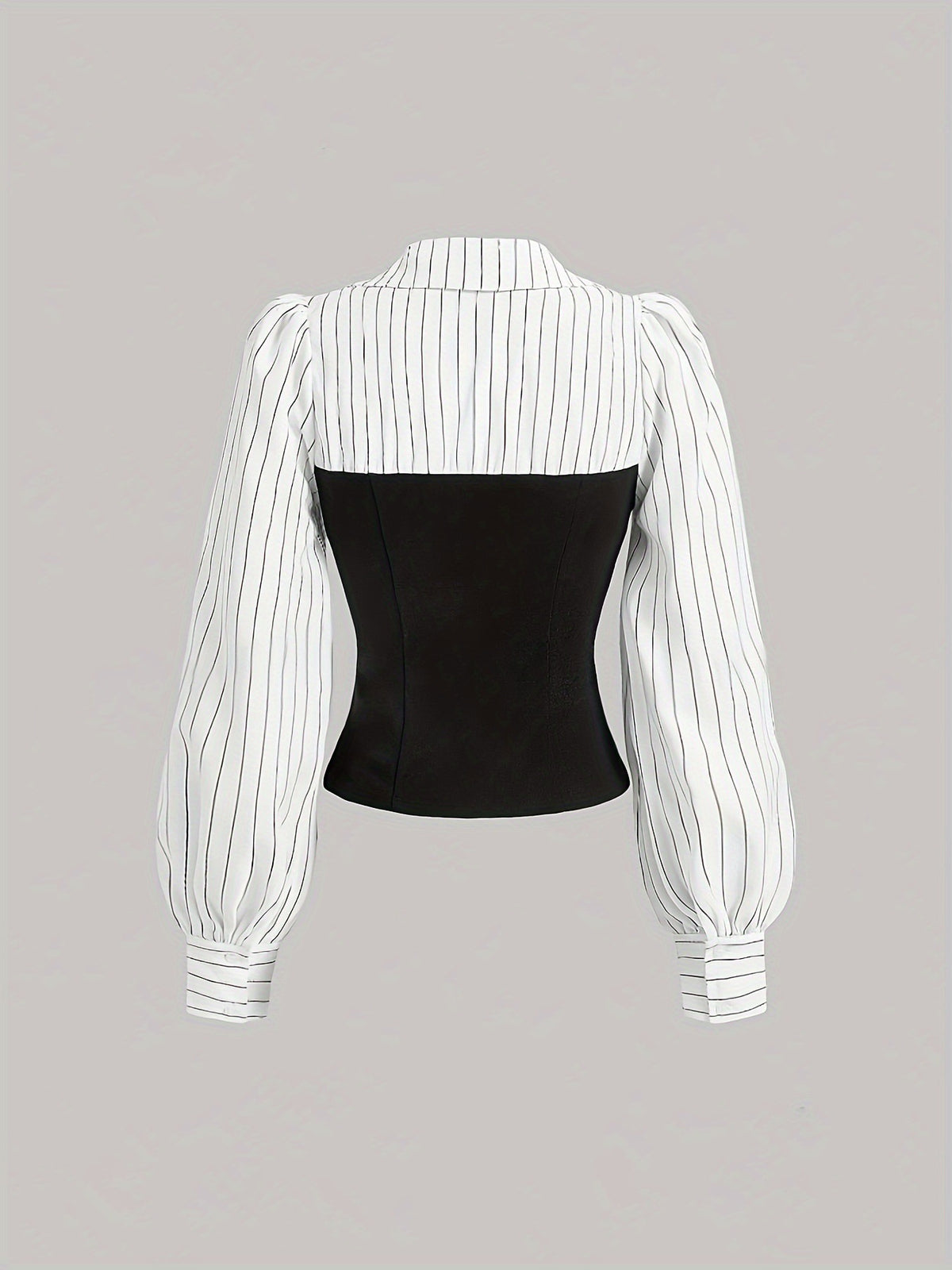 Striped Colorblock Corset Blouse Collared Puff Sleeve Top