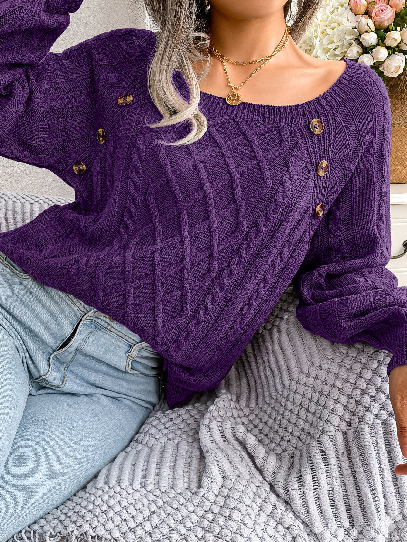 2025 Fall Winter Casual Square Neck Button Detail Cable Knit Sweater